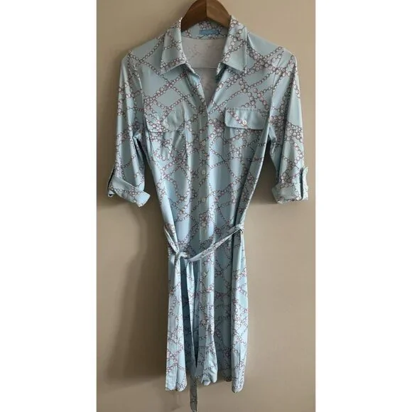 J. McLaughlin Gilchrist Catalina Dress Blue White Button Up Pearls Spandex Small - Picture 1 of 12